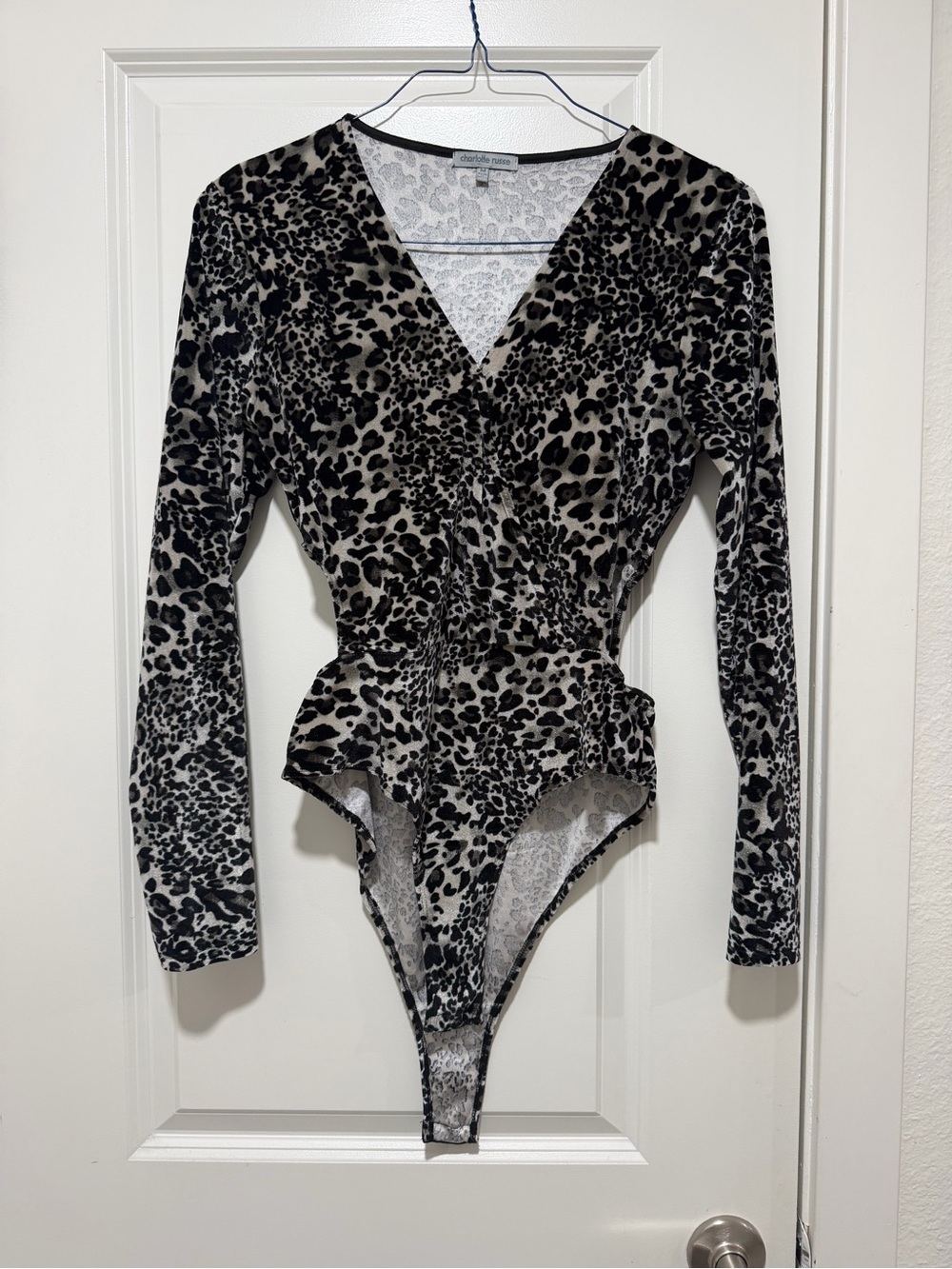 Charlotte Russe Black and Taupe Leopard Print Long Sleeve Bodysuit
